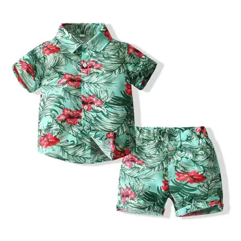 ילדים שרוול קצר דף מודפס חולצת חוף מכנסיים להגדיר בנים קיץ אופנה בגדי החופשה עליון + מכנסיים קצרים ילדים מזדמנים מתאים