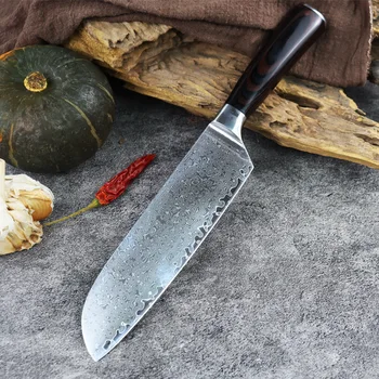 7 אינץ Santoku סכין 67 שכבות דמשק להב פלדה חד שפים קליבר סשימי דג עם פרוסות סושי סכיני מטבח. ידית עץ