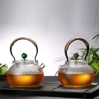 משק בית קומקום זכוכית עמיד בטמפרטורות גבוהות ערכת תה עבודת יד, רקועה מרקם הפרח קומקום עם ידית לעשות קומקום