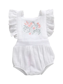 2020 התינוק בגדי קיץ 0-18M תינוק שרק נולד ילדה אוברול כותנה פשתן קצר לפרוע שרוול Sunsuit רקמה פרחים בגד גוף