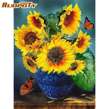 RUOPOTY 60x75cm מסגרת צבע על ידי מספר המבוגרים חמניות פרפר מודרני תמונה על ידי מספרים צבע אקרילי על קנבס אמנות