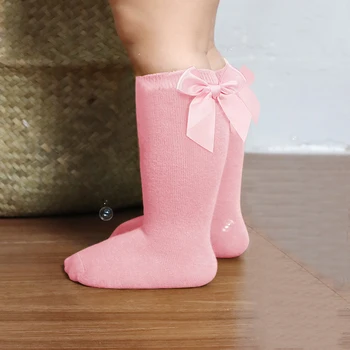 חמוד קשת ילדה גרביים היילוד אביב סתיו מוצק צבע הנסיכה בנות הברך גבוהה גרבי תינוקות פעוטות ילדים גרביים 0-5Year