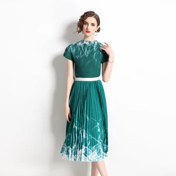 שרוול קצר לנשים חצאית סט 2 חלקים קיץ תלבושת פסטיבל ירוק ביגוד אלגנטי בחליפה 2023 אישה השמלה היצירה שני חלקים.