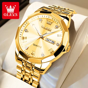2023 OLEVS זהב גברים שעון היד המקורי קוורץ עמיד למים זוהר פלדה לצפות זכר מעוין מראה יוקרתי Relogio Masculino