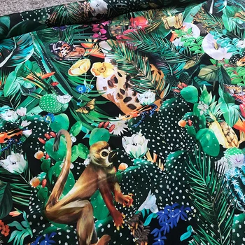 110cm רוחב אופנה ג ' ונגל טרופי קוף מודפס טבעי כפול קרפ בד אישה שמלה, חולצה DIY בד תפירה חומר