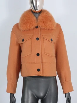 CXFS 2022 תערובות צמר בחורף נשים מעיל פרווה אמיתית המעיל טבעי פרוות שועל צווארון כיס קצר הלבשה עליונה אופנת רחוב אופנה חדשה