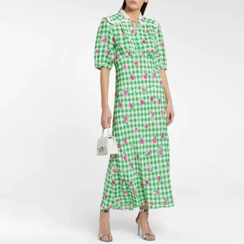 2023 אביב קיץ החדש בסגנון רטרו לנשים ירוק טרי הדפסה המותניים חופשי שמלה ארוכה