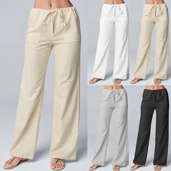 עירוני פנאי גדול גודל נשים מכנסיים מוצק חופשי מכנסי פשתן נשים בגדים שרוך רחב הרגל המכנסיים נשים אופנת רחוב