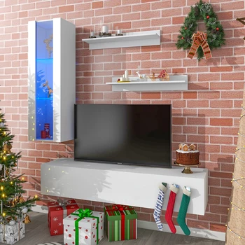 4-קטע קיר הר צף טלוויזיה עם רואה דרך מדיית אחסון, ארון RGB האור בסלון