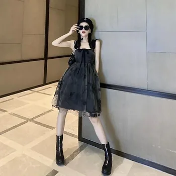 הקיץ 2023 בגדים שחור קצר שמלת מסיבת סקסי תחרה Kawaii בלי שרוולים Mini שמלה אופנה רשת טלאים להחליק השמלה נשים